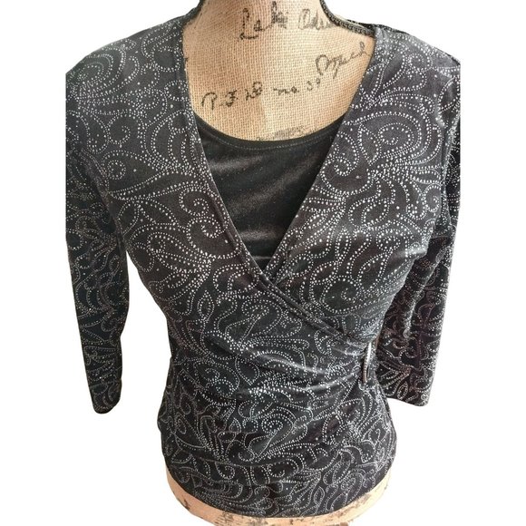 Notations Petite PS Womens Velvet Black Shimmer Long Sleeve Shirt Top - Picture 3 of 12